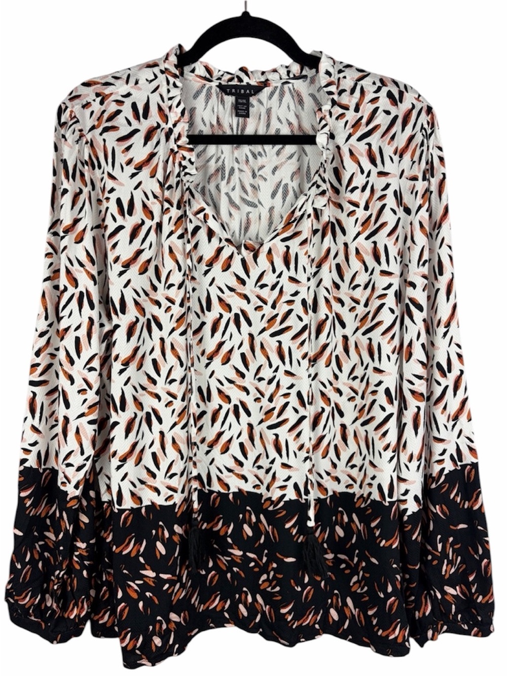 Tribal XL Abstract Print Colourblock Boho Peasant Blouse 100% Rayon